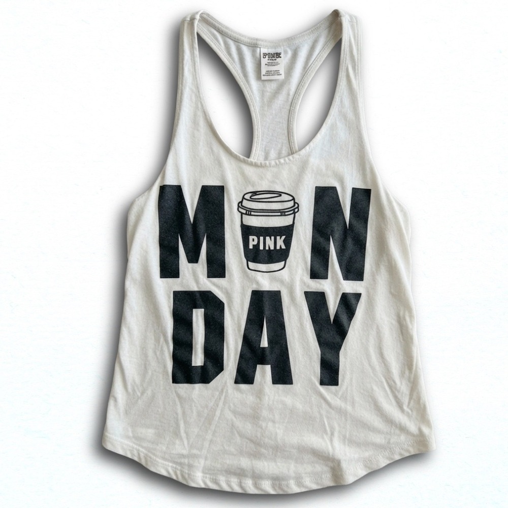 Victoria's Secret PINK Monday Coffee Graphic Racerback Tank Top Cream Medium